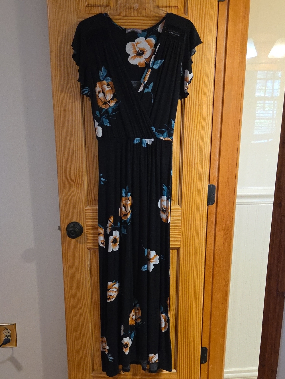 Loveappella Black Maxi Long Dress with Yellow and Blue Floral Print